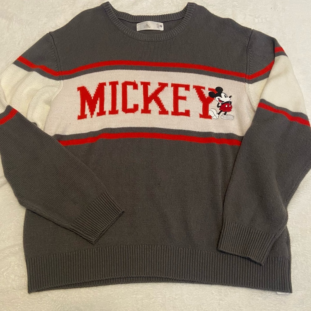 Oversized Disney Gray Knit Top with Red Stripe Varsity Sweater